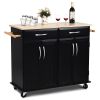 Black Kitchen Island Storage Cabinet Cart with Wood Top and Wheels