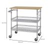 Kitchen Island Cart with Wood Top and 2 Bottom Storage Shelves on Wheels