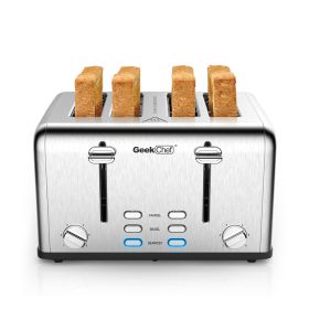 Toaster 4 Slice;  Geek Chef Stainless Steel Extra-Wide Slot Toaster with Dual Control Panels of Bagel/Defrost/Cancel Function(Sliver-Black)