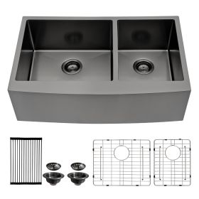 36 Inch Stainless Steel Gunmetal Black Farmhouse Double Bowl Sink (Design: 60/40, size: 36)